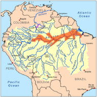 This is a map of distribution of Symphysodon (Discus fishes, in orange, in yellow Amazon River drainage basin).