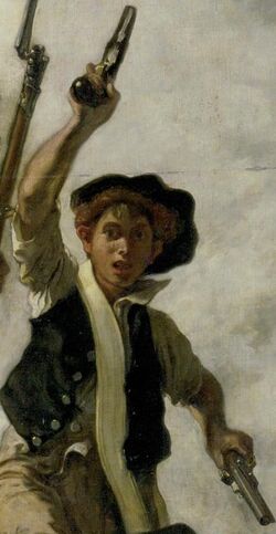 A young boy in a black vest over a white shirt and a black hat raises a pistol high in his right hand and lets another hang from his left hand.