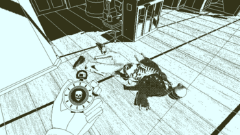 Screenshot from the game. Someone holding a pocketwatch above a dead body