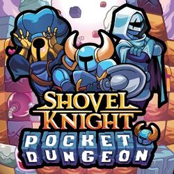 Three knights are behind a logo that says Shovel Knight Pocket Dungeon.