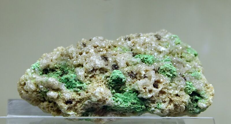 File:Caledonit auf Cerussit - Mineralogisches Museum Bonn (7354).jpg