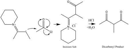 Enamine nucleophile attacks acetyl chloride to form a dicarbonyl species