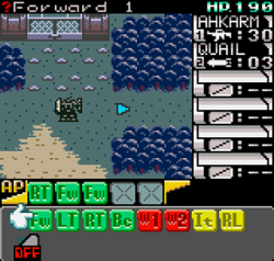 A top-down gameplay display, showing a sprite representing the player's mech moving across the level environment, with statistics displayed to the left and gameplay commands below.