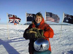 Physician Jerri Nielsen at the ceremonial South Pole marker.jpg