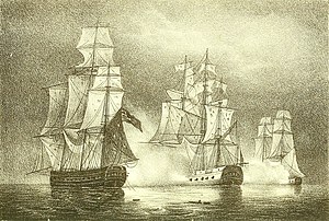 (4) Action, in the night, between the MARY, of Liverpool, Capt. Crow, and Two British Men of War. Decr. 1806 (cropped).jpg