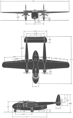 3-view line drawing of the Fairchild C-82A Packet
