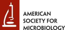 A stylized illustration of a microscope in white on a brick red background, beside the text: American Society for Microbiology