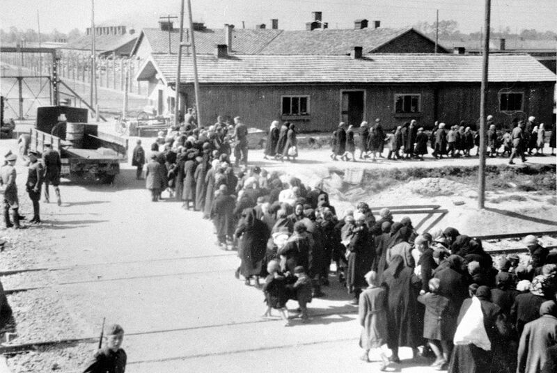 File:Birkenau a group of Jews walking towards the gas chambers and crematoria.jpg