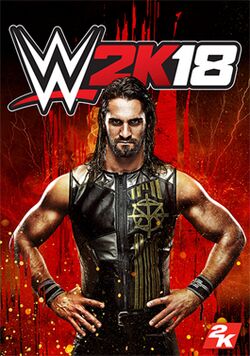 A picture of Seth Rollins is seen on a red background with a splash effect behind him in mainly orange colors. The game's logo appears on the top.
