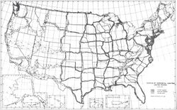 Map of United States with networks of triangles running roughly north-south and east-west across country; empty spaces several hundred miles wide in between