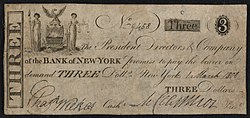 Bank of New York 3 dollar banknote