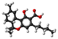 Ball-and-stick model of the tetrahydrocannabinolic molecule