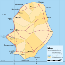 Administrative map of Niue showing all the villages. Alofi is on the western side of the island