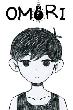 The cover art for Omori is shown. On the top there is a logo that shows the text "OMORI" in a filtered hand-written text, with a black light bulb forming the middle "O". Below it is a monochrome drawing of an emotionless young boy.