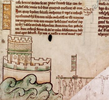 A manuscript drawing of a castle with four people being hanged in the bottom right.