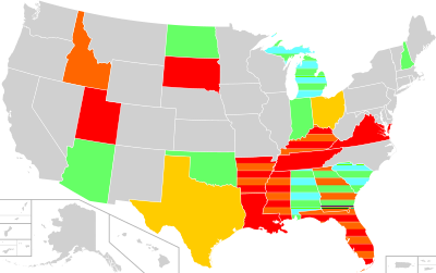 A map of U.S. states with display of the national motto in public schools and government buildings as of August 2021. Display of the motto is mandated in the schools of Florida, Mississippi, Louisiana, Arkansas, Tennessee, Kentucky, Virginia, South Dakota and Utah (Texas and Ohio also require such display if a copy of the motto is donated); it is allowed in Arizona, Oklahoma, North Dakota, Indiana, and New Hampshire. Michigan, Alabama and South Carolina also allow display in government buildings. Idaho, Kentucky and Arkansas require it in at least some of these, while Mississippi, Georgia and Florida may require insofar as it appears on their state symbols.