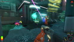 A player on Team Omega, together with one of his teammates, fights two players from the opposing Team Alpha.