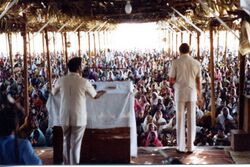 Revival crusade in Andhra Pradesh, India, Johannes Maas, American evangelist, speaking.jpg
