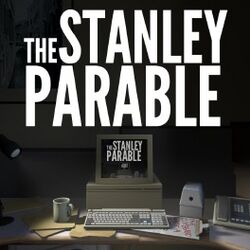 A dark office desk. The phrase "The Stanley Parable" hovers above a square computer monitor. On the desk are a pencil sharpener, a telephone, and other items. A single lamp on the desk shines light onto it. The entire image is repeated within the computer monitor.