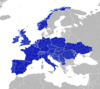 Symphyotrichum × versicolor recorded occurrences by country in Europe in blue, adjusted on map using current boundaries: Austria; Belgium; Czech Republic; France; Germany; Great Britain; Hungary; Ireland; Italy; Madeira; Netherlands; Norway; Poland; Romania; Slovakia; Spain; Switzerland; Ukraine; and Yugoslavia.