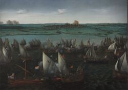 A large group of small sailing ships and galleys engaged in battle on an inland sea with a walled town and farmland in the background