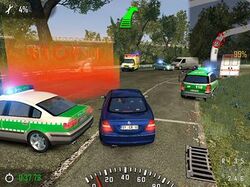 Screenshot showing a blue car progressing towards a red checkpoint circle, surrounded by green and white police vehicles. An arrow points towards the checkpoint. There is statistical data around the outside of the screen, and a map in the top right corner.