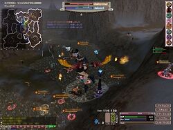 A female archer jumps down towards a large battlefield filled with other players.