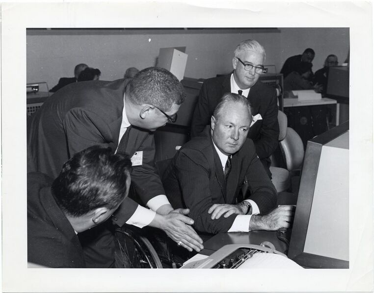 File:Mayor John F. Collins at a computer terminal with three other unidentified men (12191232515).jpg