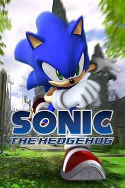 The box art of Sonic the Hedgehog, depicting the titular character running in the kingdom of Soleanna. The game's logo is shown in the middle of the box.