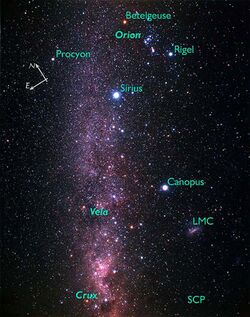 A field of stars against the Milky Way background with the prominent stars and constellations labelled