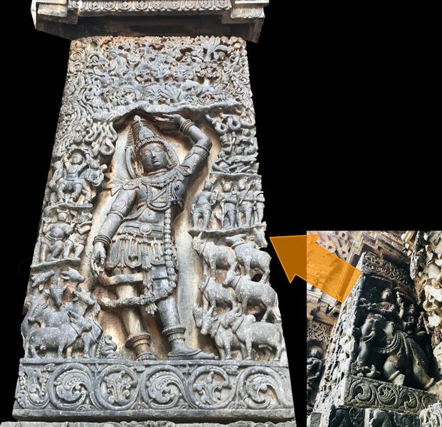 File:1150 CE Hoysaleswara temple Halebidu Karnataka, Govardhandhara Krishna with Indra behind it.jpg