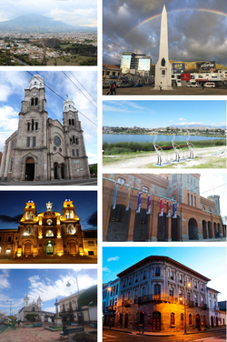From top, left to right: View of the city and the Imbabura Volcano, Obelisk of Ibarra, Basilica of Sorrowful Mother, Yahuarcocha lagoon, Basilica of Our Lady of Mercy, El Cuartel Cultural Center, Church and square of Saint Augustine and the House of Iberreñidad.