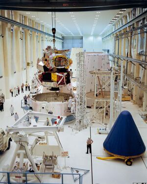 Lunar Module-1 and Spacecraft Lunar Module Adapter (SLA)-7 in the Kennedy Space Center's Manned Spacecraft Operations Building.jpg
