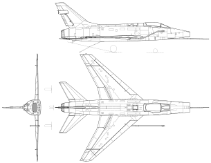 3-view line drawing of the North American F-100 Super Sabre