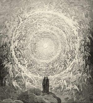 Engraving showing two small silhouettes standing before a tunnel of innumerably manifold circling angels leading to a bright, beautiful light at the end.