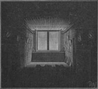 Woodcut? of a deep, shadowy room with light only near the window at the far end