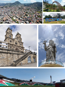 From top, left to right: Panoramic view of the city, Pedestrian Bridge of the Burgay River, Marco Romero Heredia Children's Park, Sanctuary of Our Lady of the Cloud, Virgin of the Cloud viewpoint on the Abuga hill and Jorge Andrade Cantos Stadium.