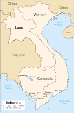 A map depicting bodies of water in light blue and land in beige. The countries in French Indochina, Vietnam, Laos and Cambodia are in a lighter shade than the other countries. Vietnam is an S shaped country bordering the sea. The various towns located on the map detailing Phan Xich Long's locations are in the southern third of the country.