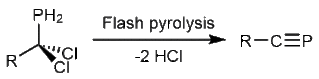 Scheme showing the flash pyrolysis of a generically substituted dichloromethylphospine to yield a substituted phosphaalkyne.