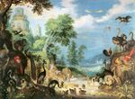Painting of a forest filled with birds, including a dodo