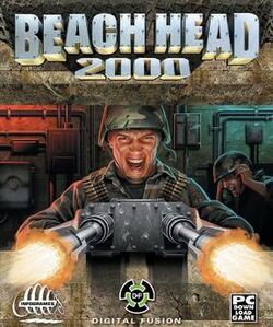 A helmeted soldier firing a large mounted gun from inside a fortification, in the background another helmeted soldier covers his ears, the title "Beach Head 2000" is above in large block letters.