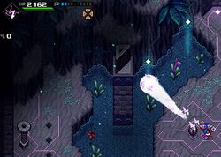 A gameplay screenshot of CrossCode, where the player character Lea is launching a shock ball to solve a puzzle in a dungeon.