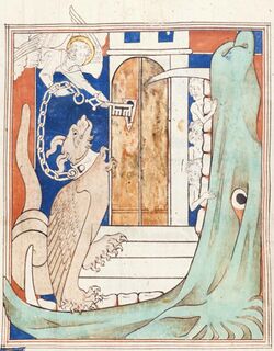 Queen Mary Apocalypse - BL Royal MS 19 B XV f. 38v Angel with key and dragon.jpg