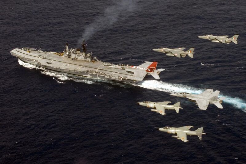 File:US Navy 070907-N-8591H-194 F-A-18F Super Hornet Strike Fighter Squadron 102, F-A-18E Super Hornet Strike Fighter Squadron 27, Indian Navy Sea Harriers, Indian Air Force Jaguars over INS Viraat (R 22), Malabar 07-2.jpg
