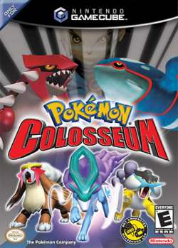 A teenage boy with grey hair and a blue jacket stands in the background, looking menacingly at the camera. In the foreground are several large creatures: a red robot-like wingless dragon, a blue robot-like whale, and three dogs with classical visual motifs of fire, ice, and electricity. Superimposed on the scene is the bulky text "Pokémon Colosseum".