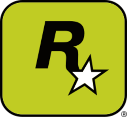 A capital "R" in black has a five-pointed, white star with a black outline appended to its lower-right end. They lay on a yellow-green square with a black outline and rounded corners.