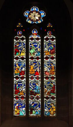 Stiftskirche Niederhaslach Glasfenster (Kampf der Tugenden mit dem Laster).jpg