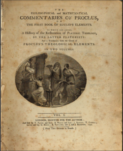 The book cover of Proclus on the First Book of Euclid's Elements by Thomas Taylor 1792 volume 1.png
