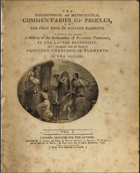 File:The book cover of Proclus on the First Book of Euclid's Elements by Thomas Taylor 1792 volume 1.png