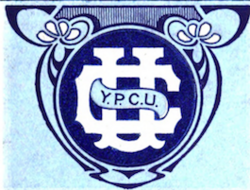 blue and white pin with big capital letter C and U with a banner of YPCU